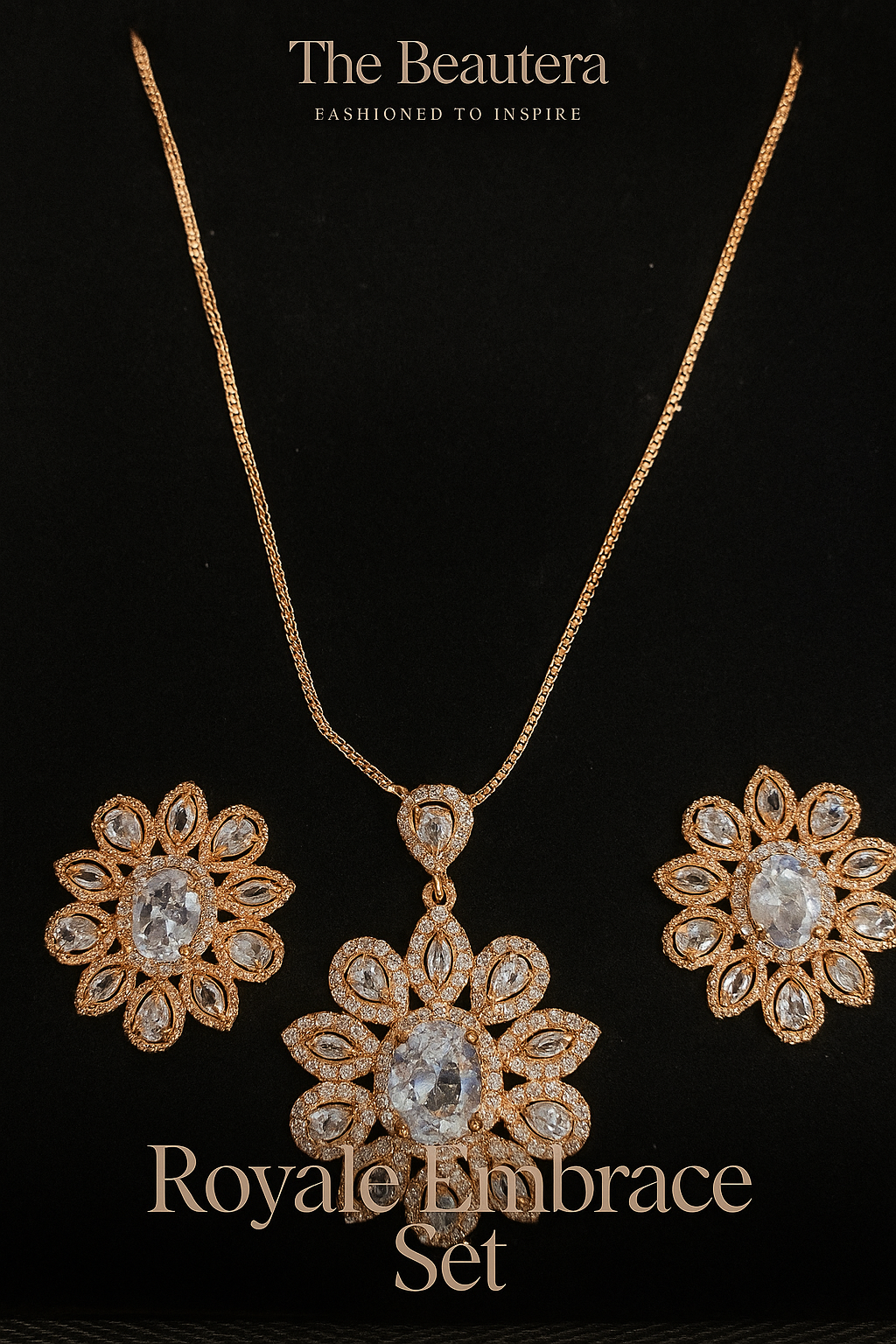 Crystal Bloom Necklace Set-Golden Bridal Artificial Jewelry with Earrings
