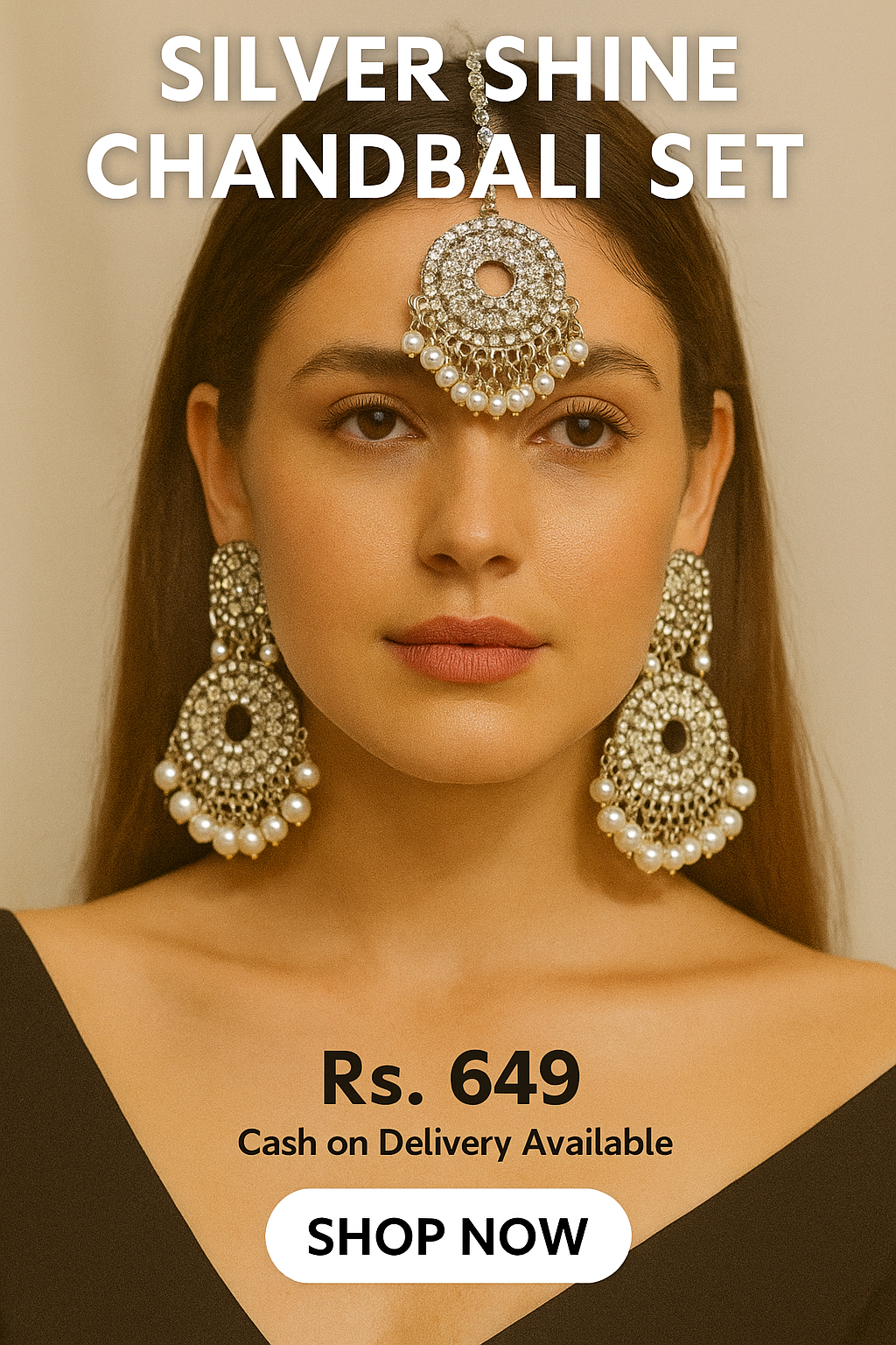 Silver Sparkle Circle Jhumka Set with Tikka – Elegant Pearl Drops for Formal Wear