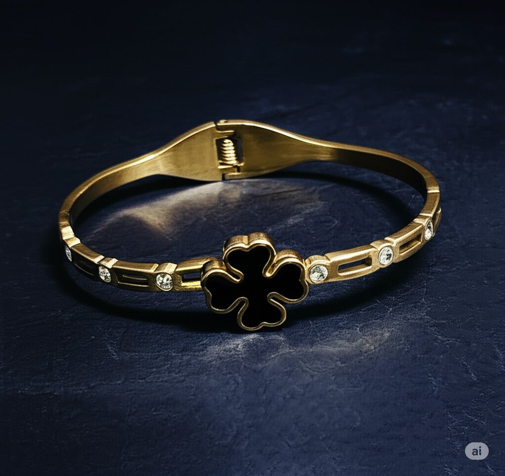 Elegant Golden Four-Leaf Clover Bangle with Black Enamel and Crystal Accents |stainless steel bracelet -Luxury Jewelry for Women |Best Gift for Girls