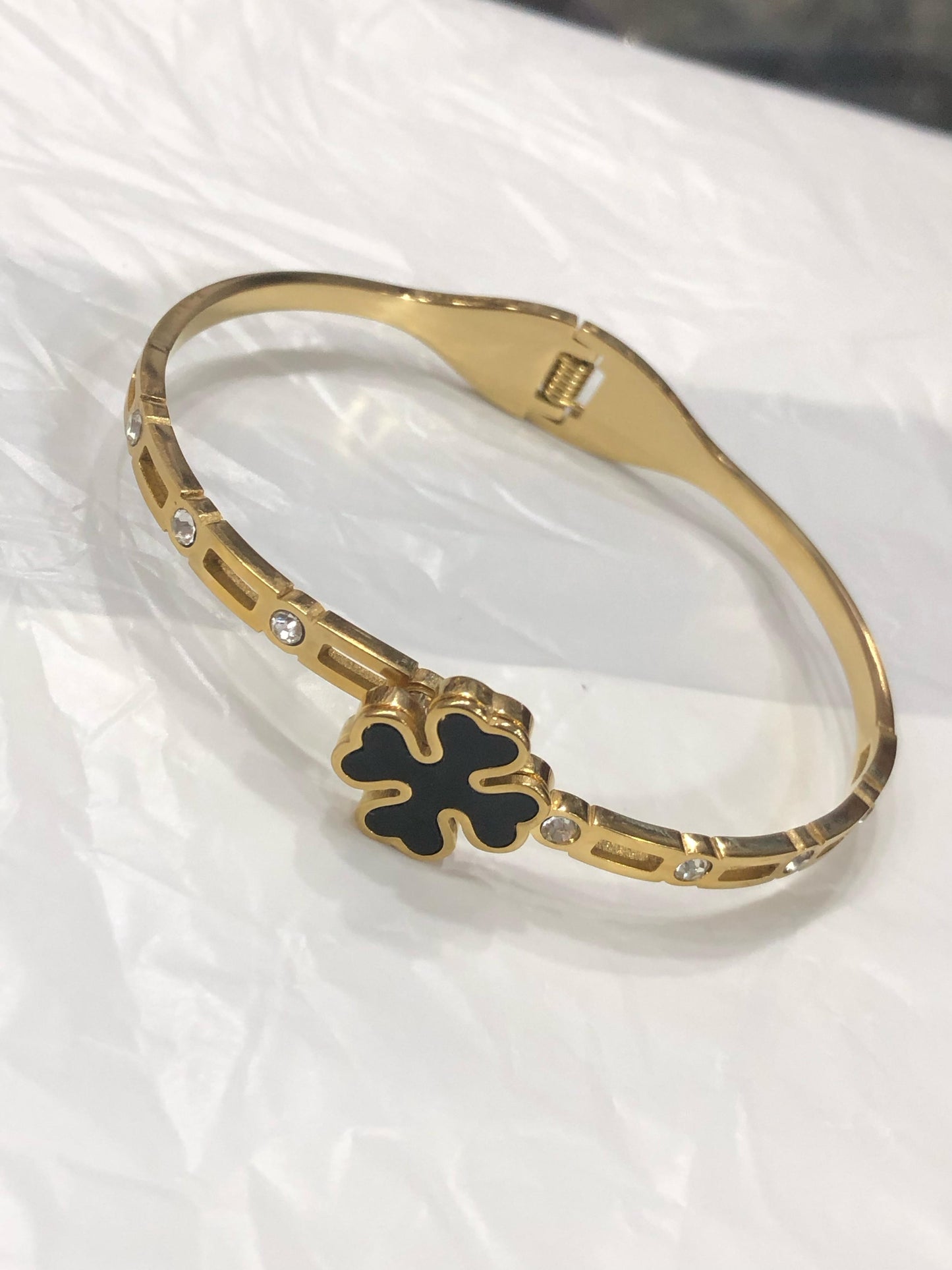 Elegant Golden Four-Leaf Clover Bangle with Black Enamel and Crystal Accents |stainless steel bracelet -Luxury Jewelry for Women |Best Gift for Girls