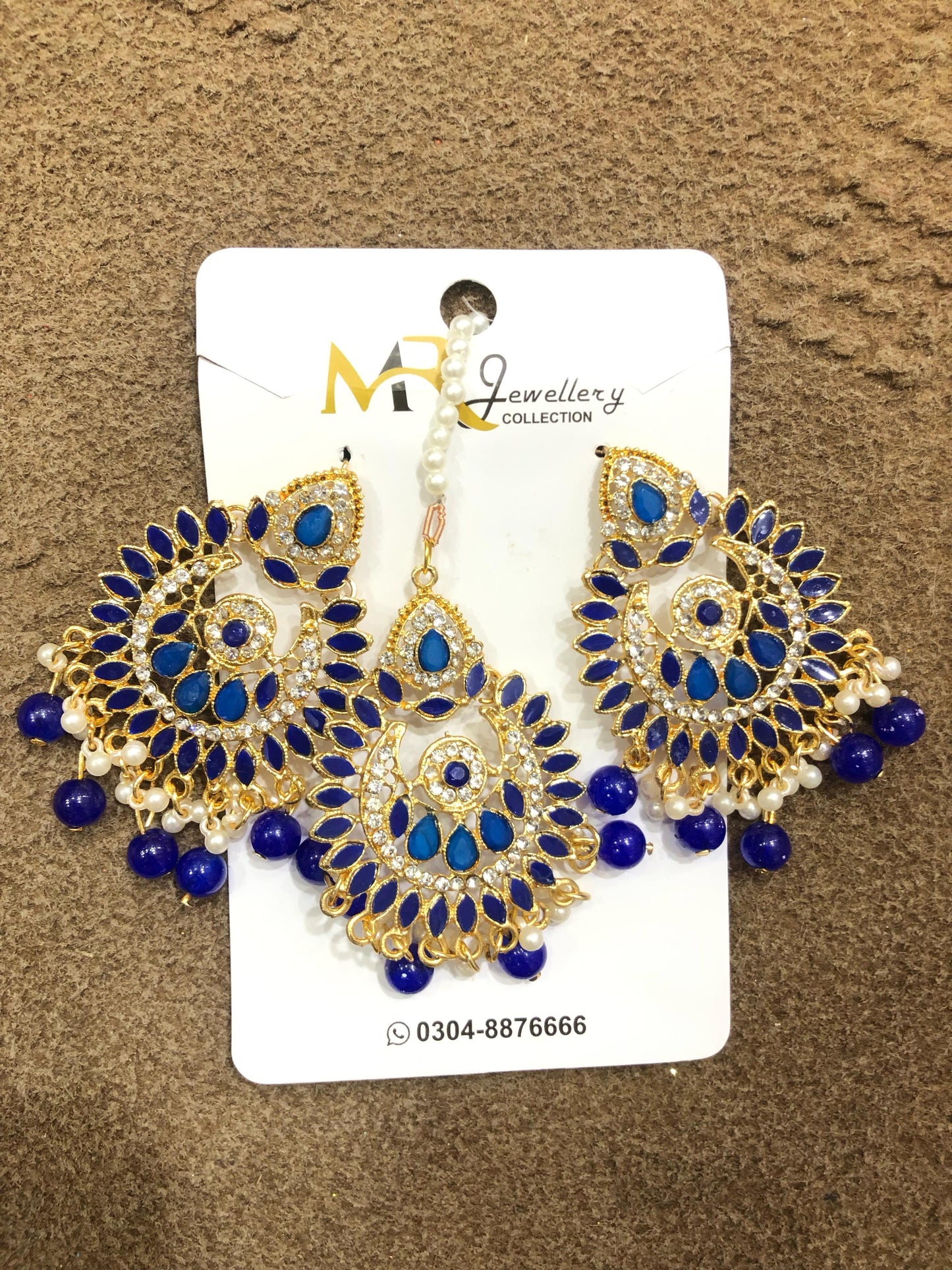 Bridal Blue Kundan Chandbali Earrings & Maang Tikka Set | Beautera Jewelry