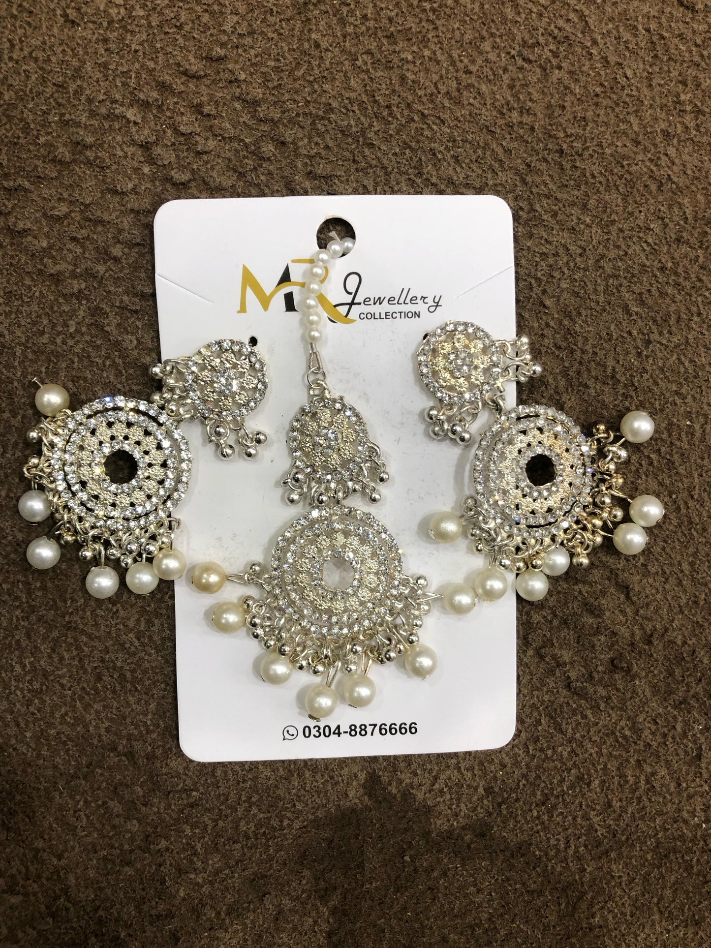 Silver Sparkle Circle Jhumka Set with Tikka – Elegant Pearl Drops for Formal Wear