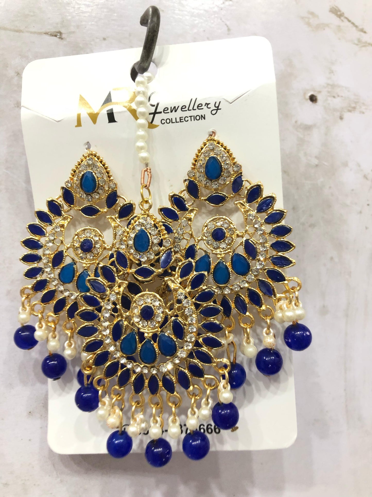 Bridal Blue Kundan Chandbali Earrings & Maang Tikka Set | Beautera Jewelry