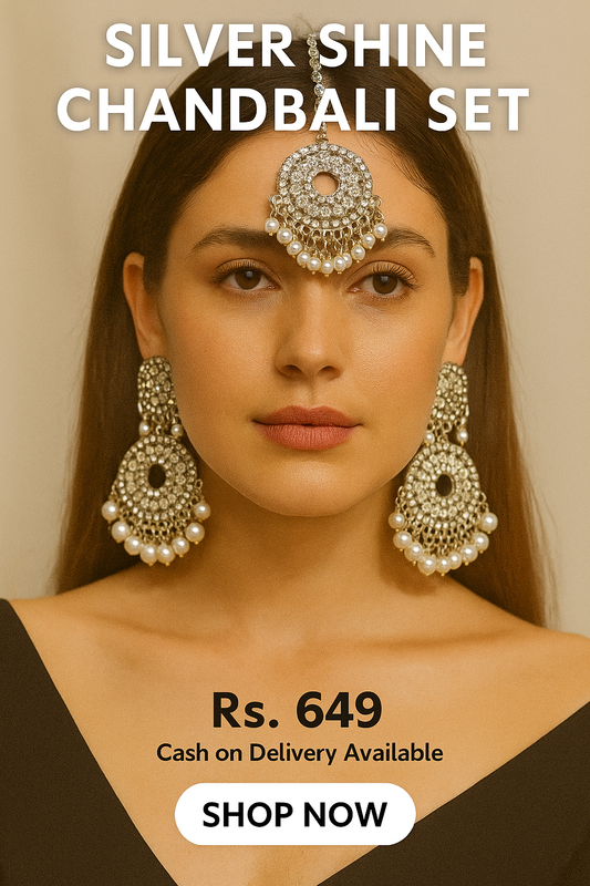 Silver Sparkle Circle Jhumka Set with Tikka – Elegant Pearl Drops for Formal Wear