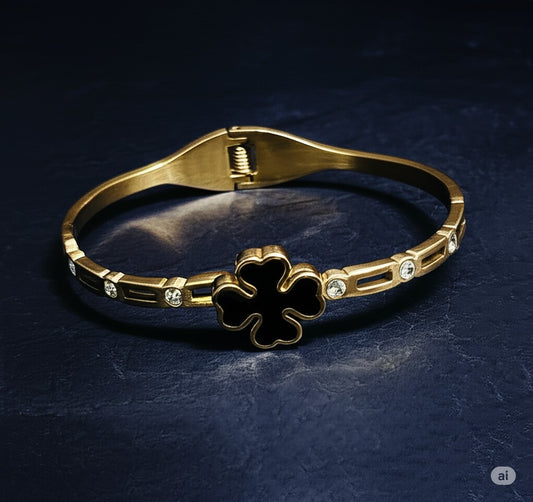 Elegant Golden Four-Leaf Clover Bangle with Black Enamel and Crystal Accents |stainless steel bracelet -Luxury Jewelry for Women |Best Gift for Girls
