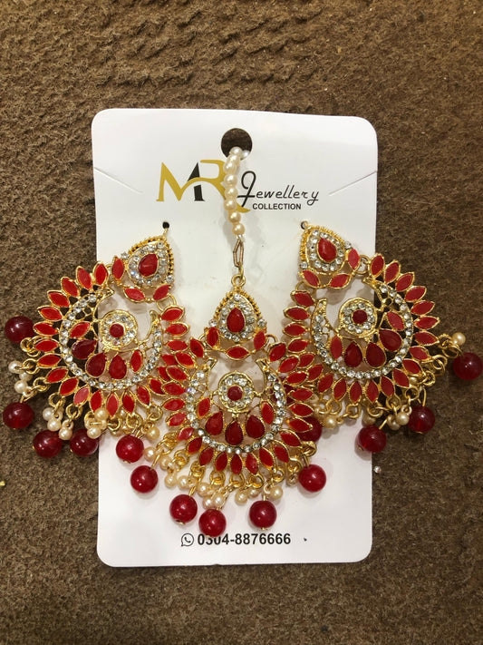 Royal Red Bridal Jewelry Set – Kundan Earrings & Maang Tikka Pearls Jewelry Set