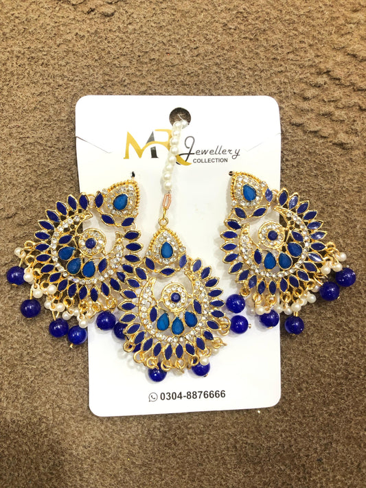 Bridal Blue Kundan Chandbali Earrings & Maang Tikka Set | Beautera Jewelry