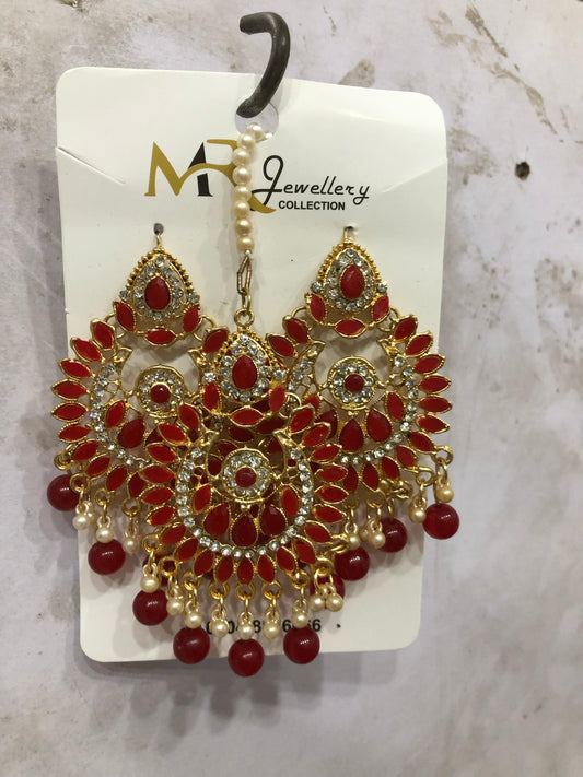 Royal Red Bridal Jewelry Set – Kundan Earrings & Maang Tikka Pearls Jewelry Set