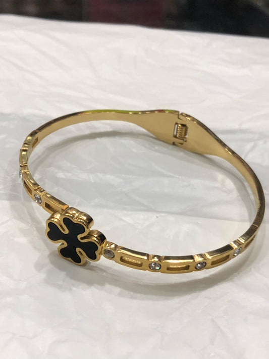 Elegant Golden Four-Leaf Clover Bangle with Black Enamel and Crystal Accents |stainless steel bracelet -Luxury Jewelry for Women |Best Gift for Girls